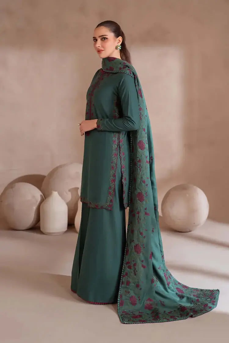 3 Piece Unstitched Heavy Embroidered Dhanak Suit with Heavy Embroidered Dhanak Wool Shawl