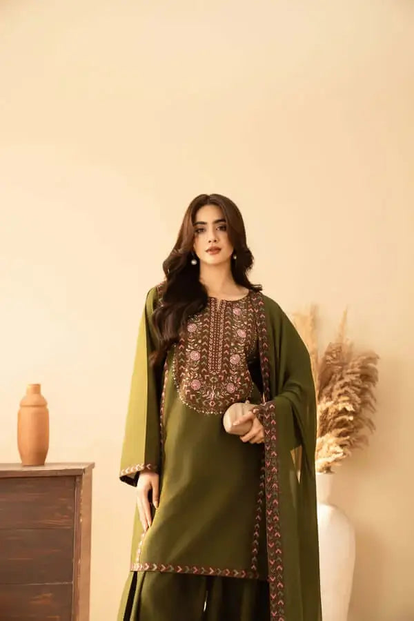 3 Piece Unstitched Heavy Embroidered Dhanak Suit with Heavy Embroidered Dhanak Wool Shawl
