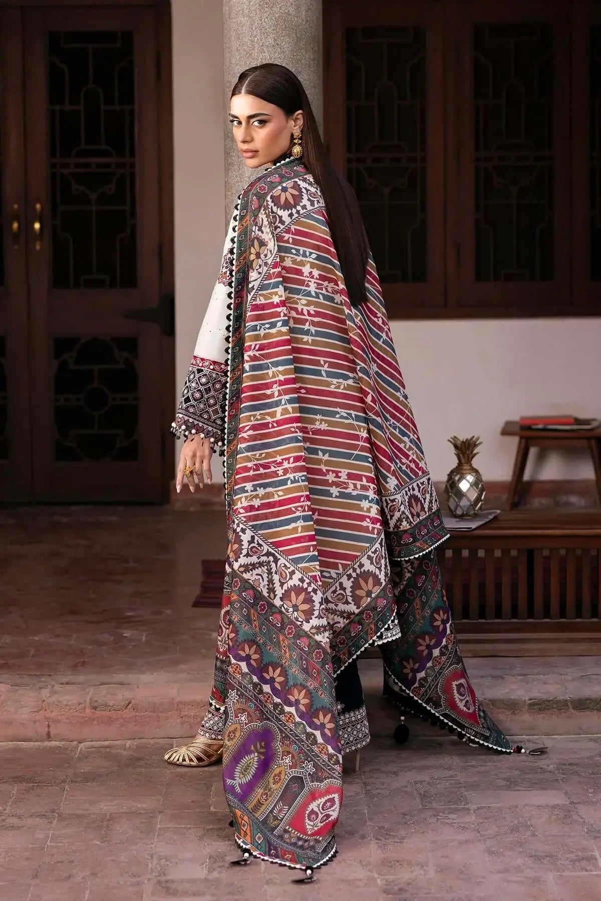 3 Piece Unstitched Heavy Embroidered Dhanak Suit with Printed Woolen Shawl