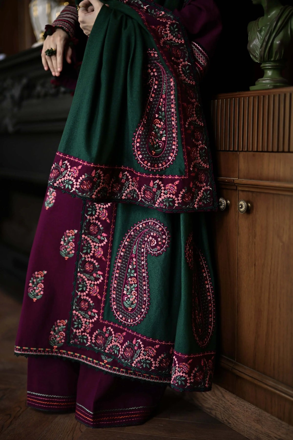 3 Piece Unstitched Heavy Embroidered Dhanak Suit with Four-sided Embroidered Dhanak Wool Shawl