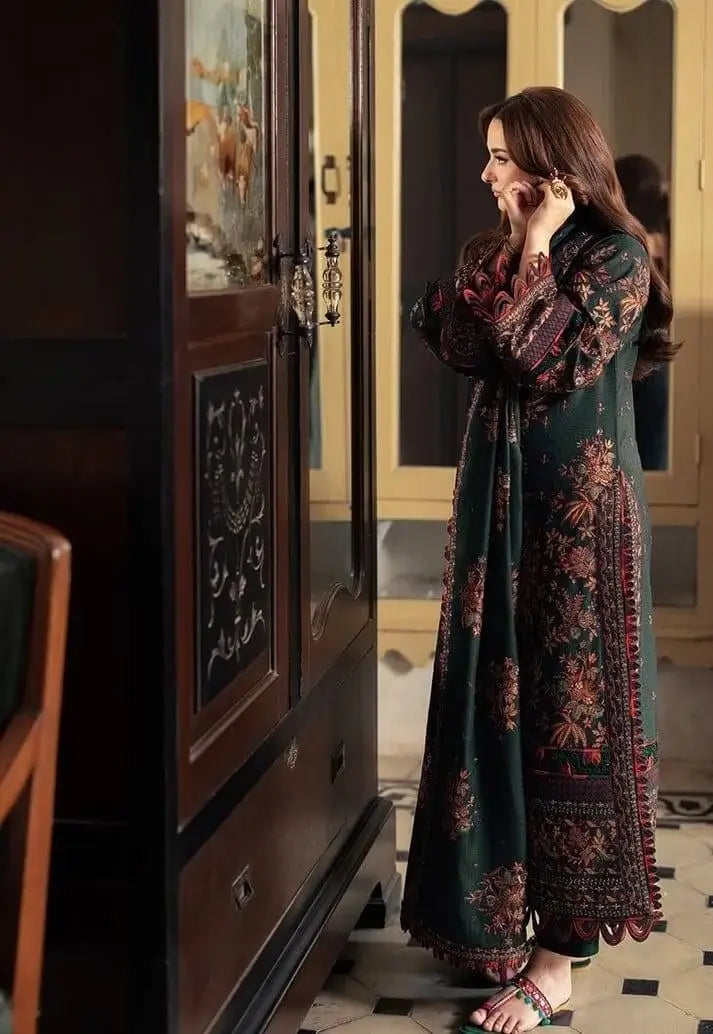 3 Piece Unstitched Heavy Embroidered Dhanak Suit with Four-sided Embroidered Dhanak Wool Shawl