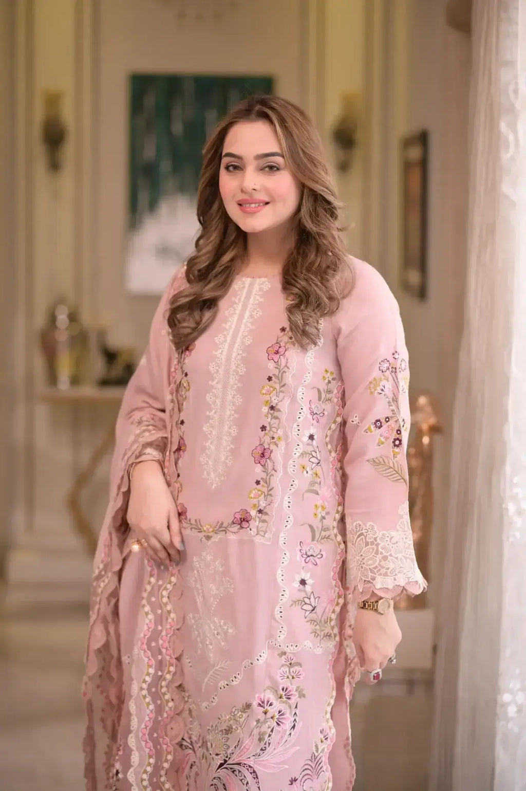 3 Piece Unstitched Heavy Embroidered Dhanak Suit with Ready To Wear Four-sided Embroidered Dhanak Shawl