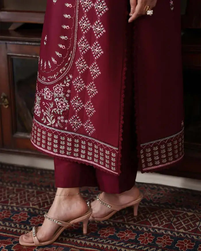 3 Piece Unstitched Heavy Embroidered Dhanak Suit with Four-sided Embroidered Dhanak Wool Shawl