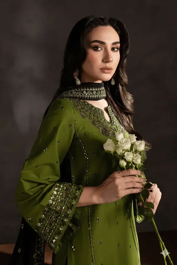 3 Piece Unstitched Heavy Embroidered Dhanak Suit with Four-sided Embroidered Dhanak Wool Shawl