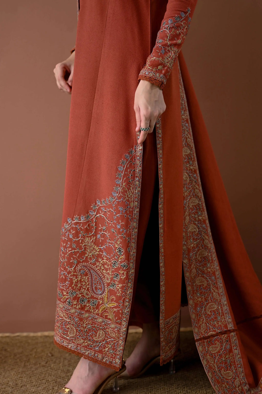 3 Piece Unstitched Heavy Embroidered Dhanak Suit with Four-sided Embroidered Dhanak Wool Shawl