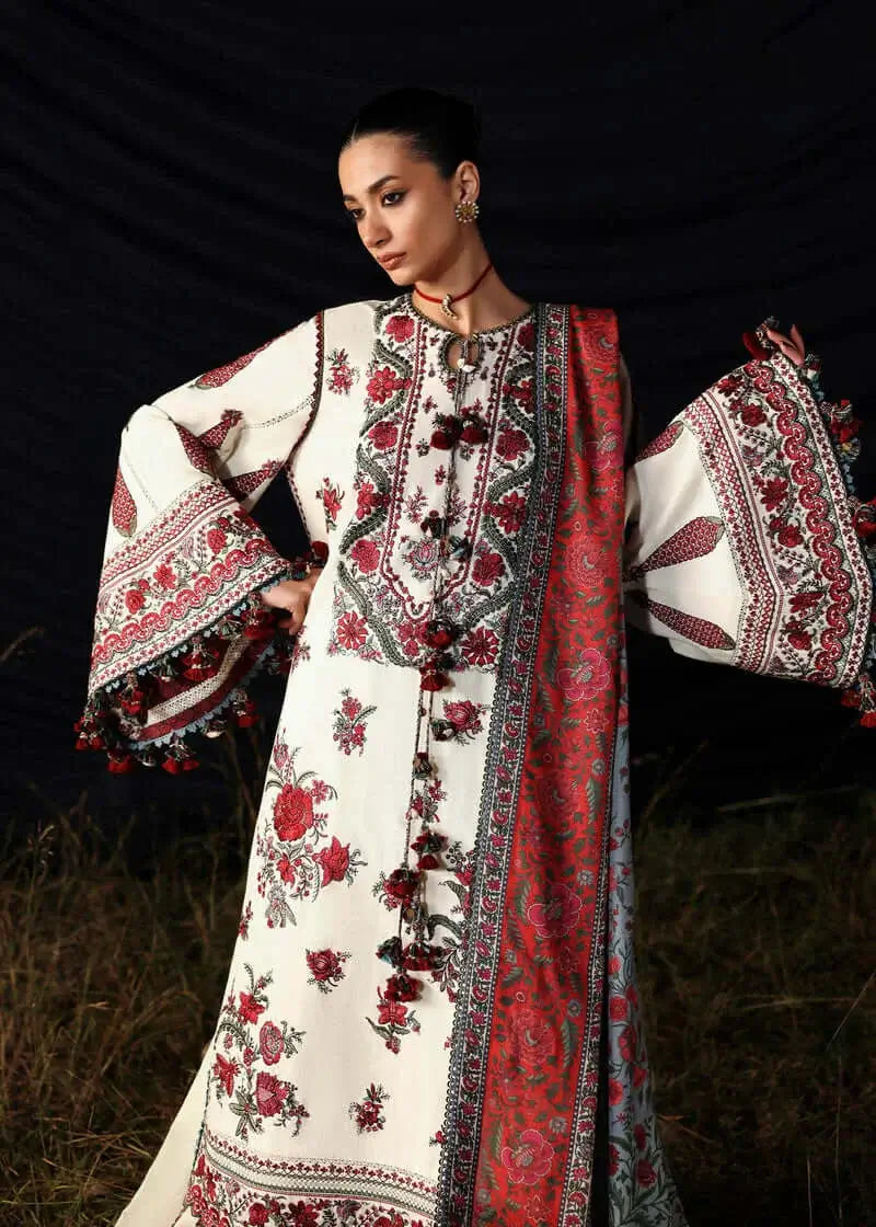 3 Piece Unstitched Heavy Embroidered Dhanak Suit with Printed Woolen Shawl