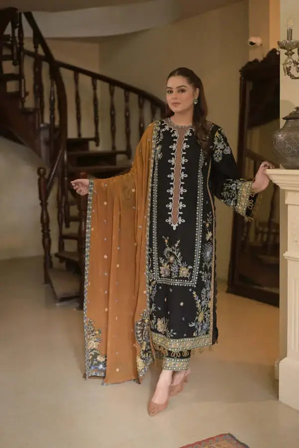3 Piece Unstitched Heavy Embroidered Dhanak Suit with Four-sided Ready to Wear Embroidered Dhanak Shawl