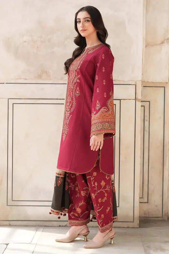 3 Piece Unstitched Heavy Embroidered Dhanak Suit with Printed Woolen Shawl
