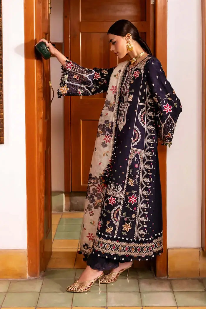 3 Piece Unstitched Heavy Embroidered Dhanak Suit with Printed Woolen Shawl
