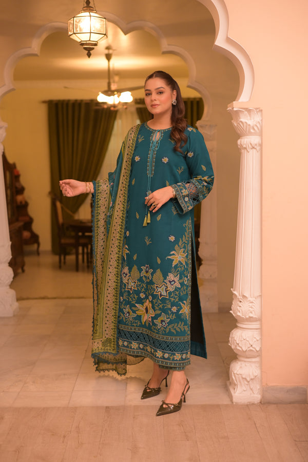 3 Piece Unstitched Heavy Embroidered Dhanak Suit with Printed Woolen Shawl