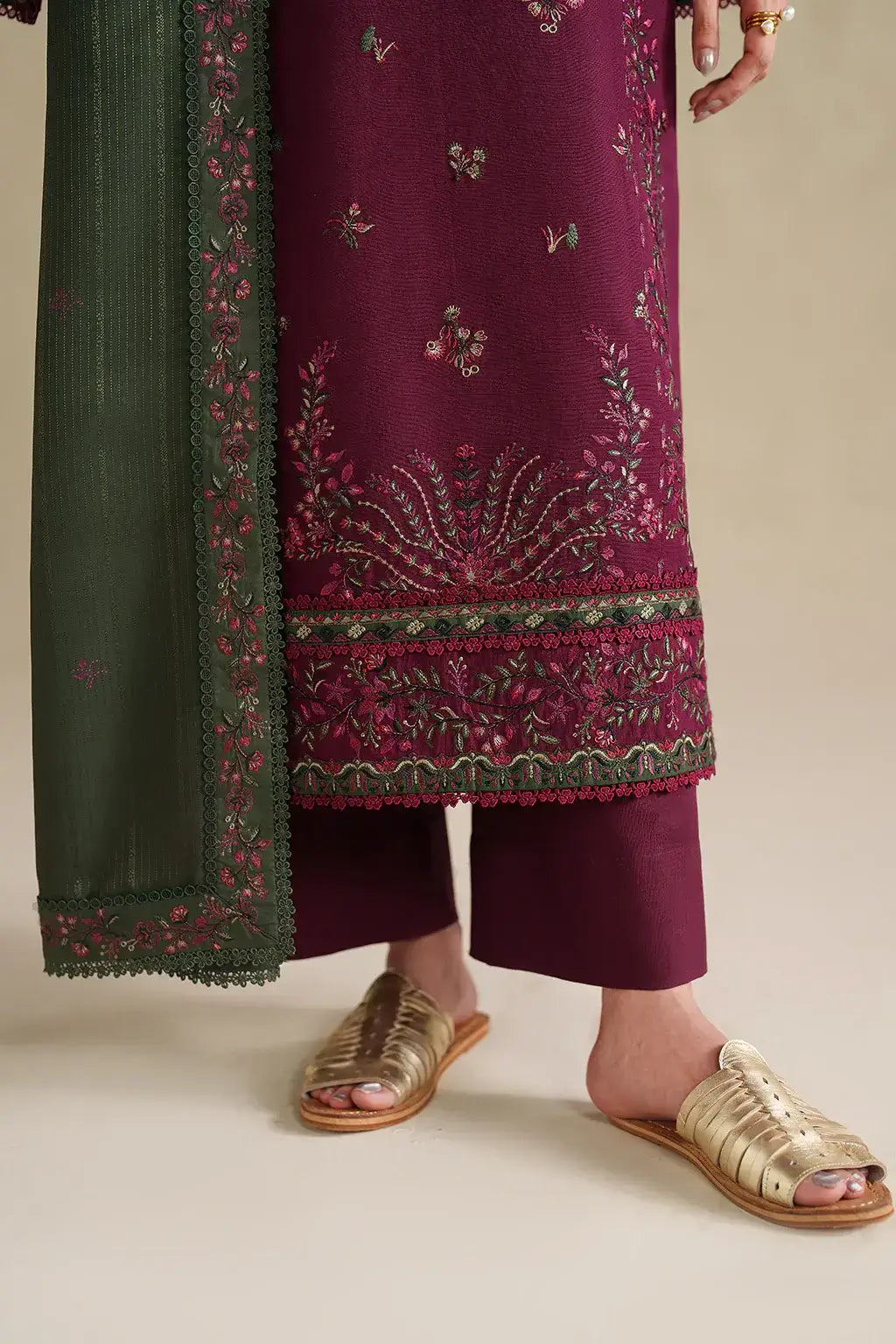 3 Piece Unstitched Heavy Embroidered Dhanak Suit with Four-sided Embroidered Dhanak Wool Shawl