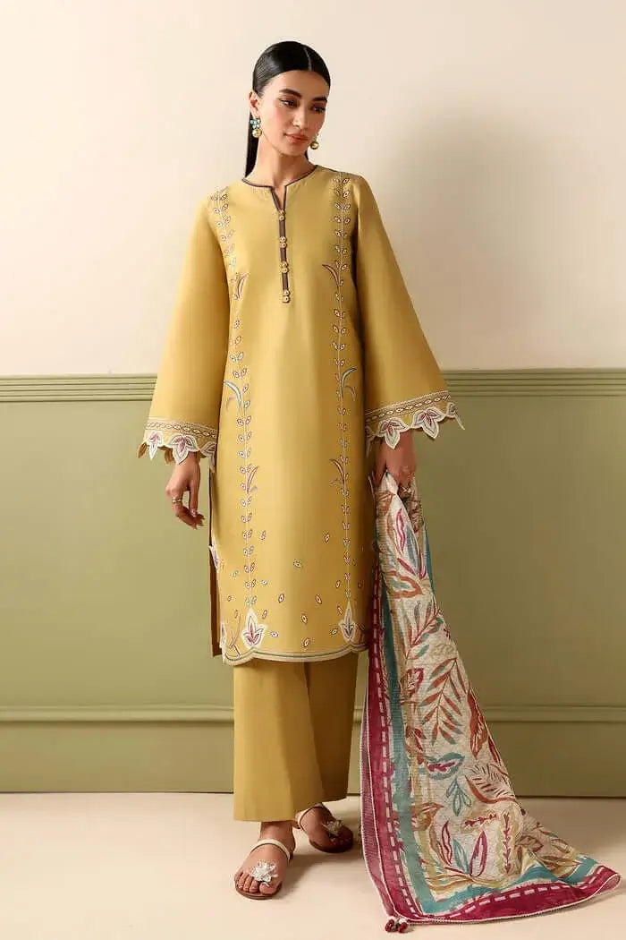 3 Piece Unstitched Heavy Embroidered Dhanak Suit with Printed Woolen Shawl