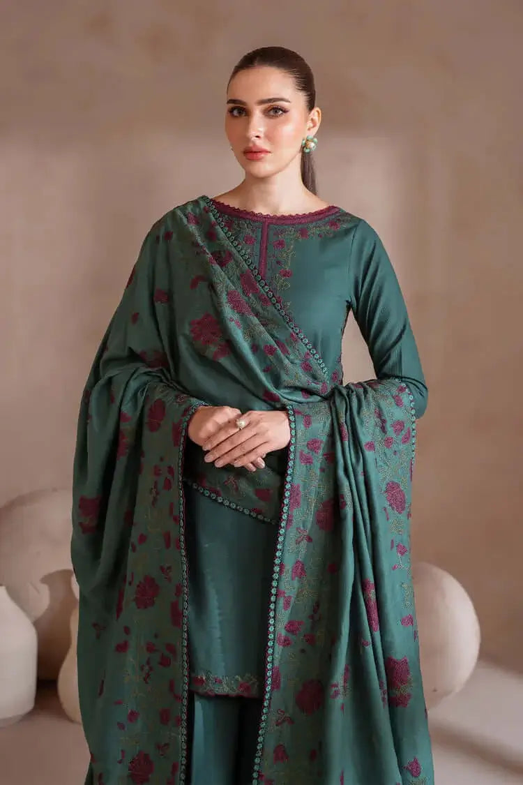 3 Piece Unstitched Heavy Embroidered Dhanak Suit with Heavy Embroidered Dhanak Wool Shawl