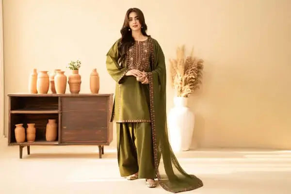 3 Piece Unstitched Heavy Embroidered Dhanak Suit with Heavy Embroidered Dhanak Wool Shawl