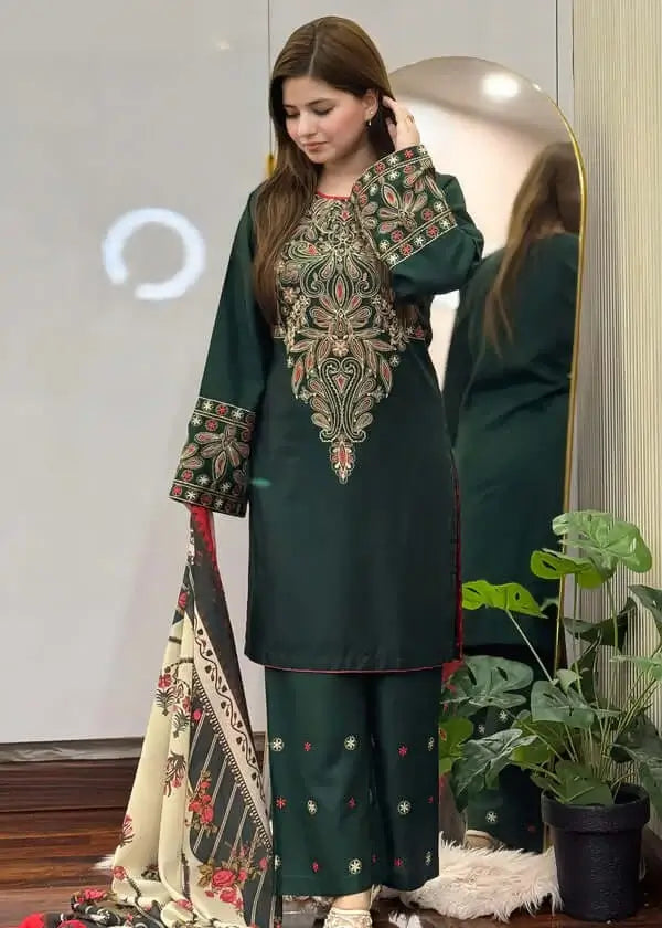 3 Piece Unstitched Heavy Embroidered Dhanak Suit with Printed Woolen Shawl