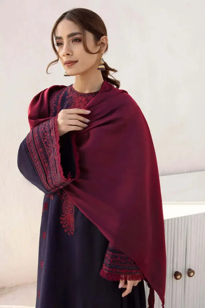 3 Piece Unstitched Heavy Embroidered Dhanak Suit with Plain Dyed Dhanak Wool Shawl