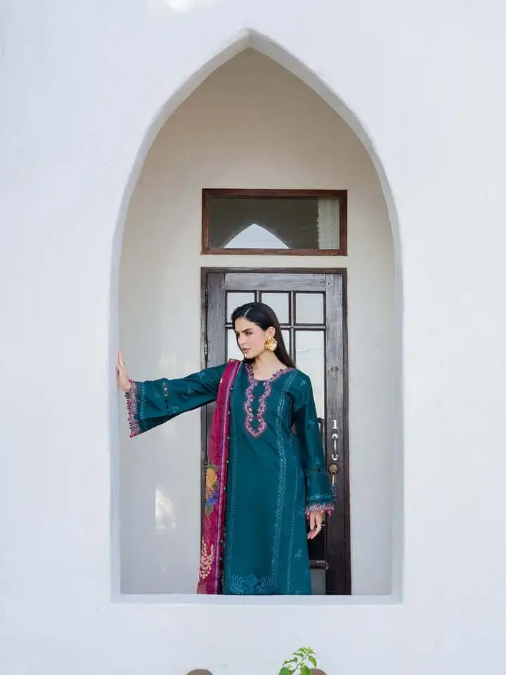 3 Piece Unstitched Heavy Embroidered Dhanak Suit with Printed Woolen Shawl