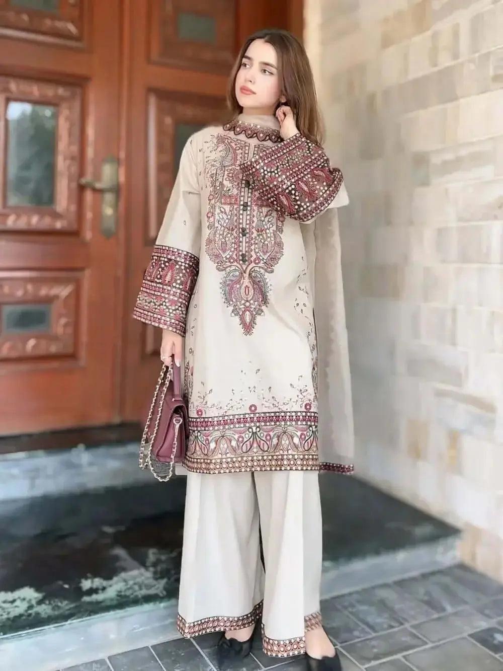 3 Piece Unstitched Heavy Embroidered Dhanak Suit with Four-sided Embroidered Dhanak Wool Shawl