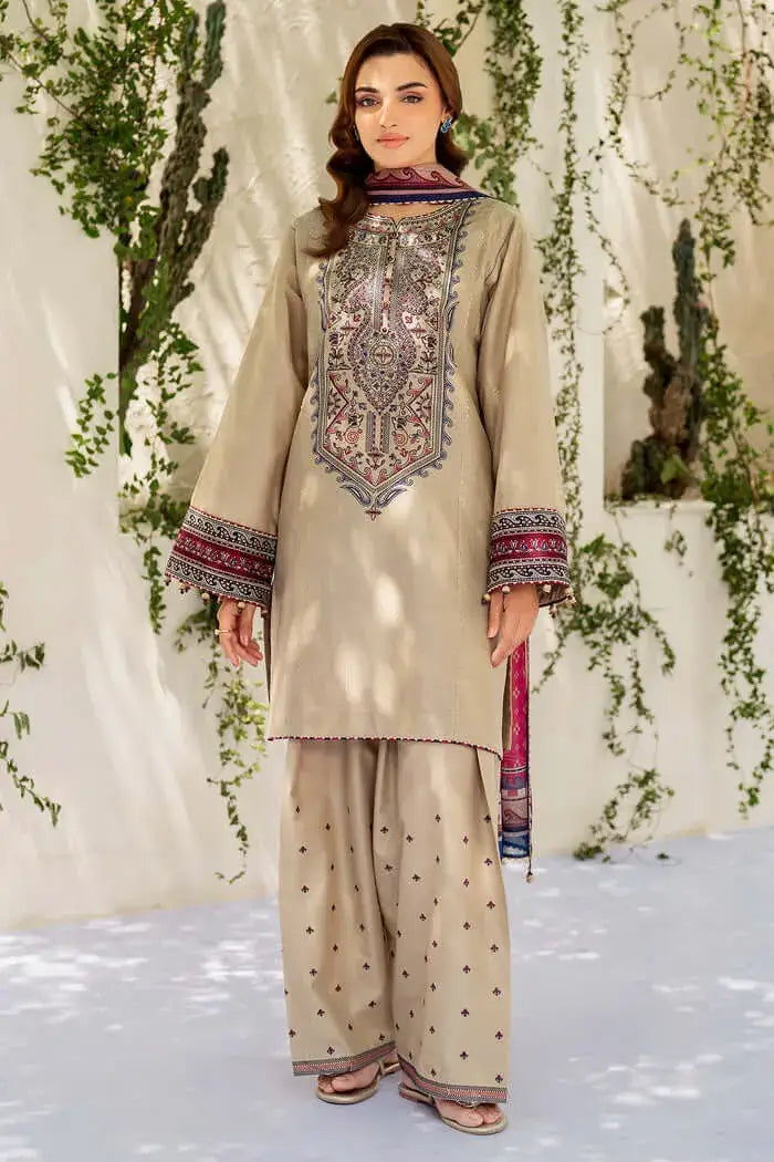 3 Piece Unstitched Heavy Embroidered Dhanak Suit with Printed Woolen Shawl