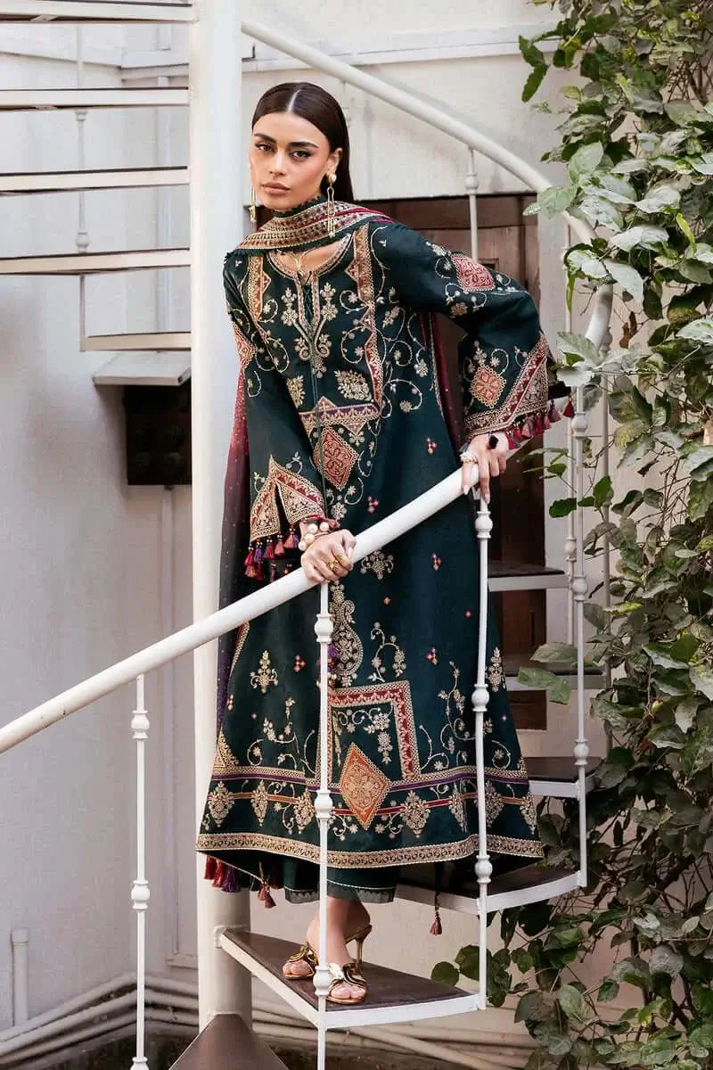 3 Piece Unstitched Heavy Embroidered Dhanak Suit with Printed Woolen Shawl