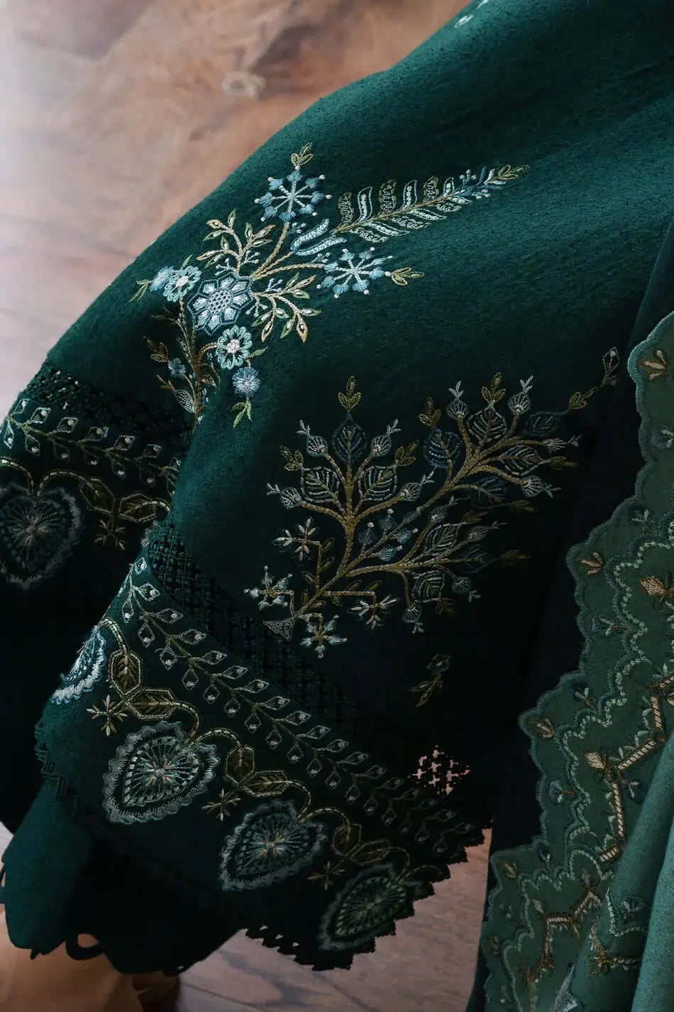 3 Piece Unstitched Heavy Embroidered Dhanak Suit with Four-sided Embroidered Dhanak Wool Shawl