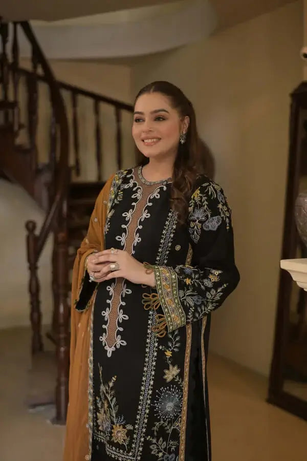 3 Piece Unstitched Heavy Embroidered Dhanak Suit with Four-sided Ready to Wear Embroidered Dhanak Shawl