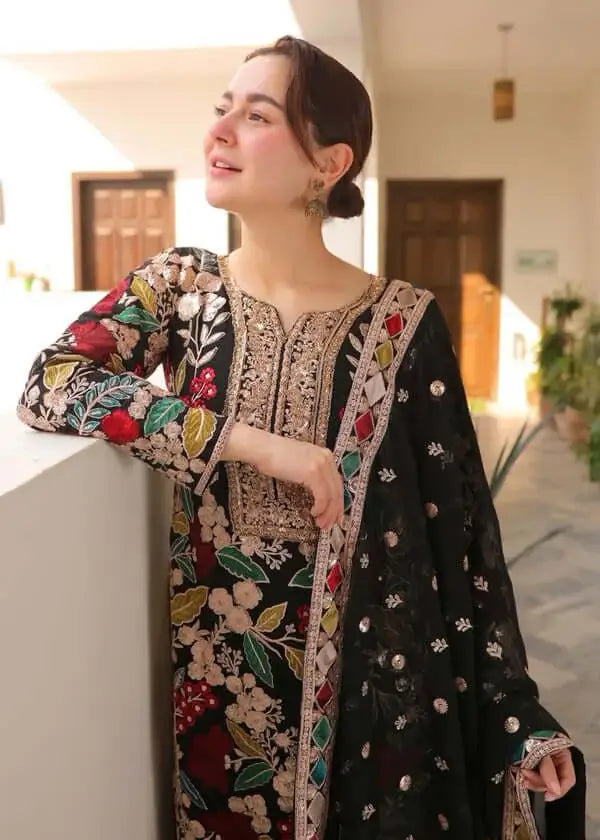 3 Piece Unstitched Heavy Embroidered Dhanak Suit with Four-sided Embroidered Chiffon Dupatta