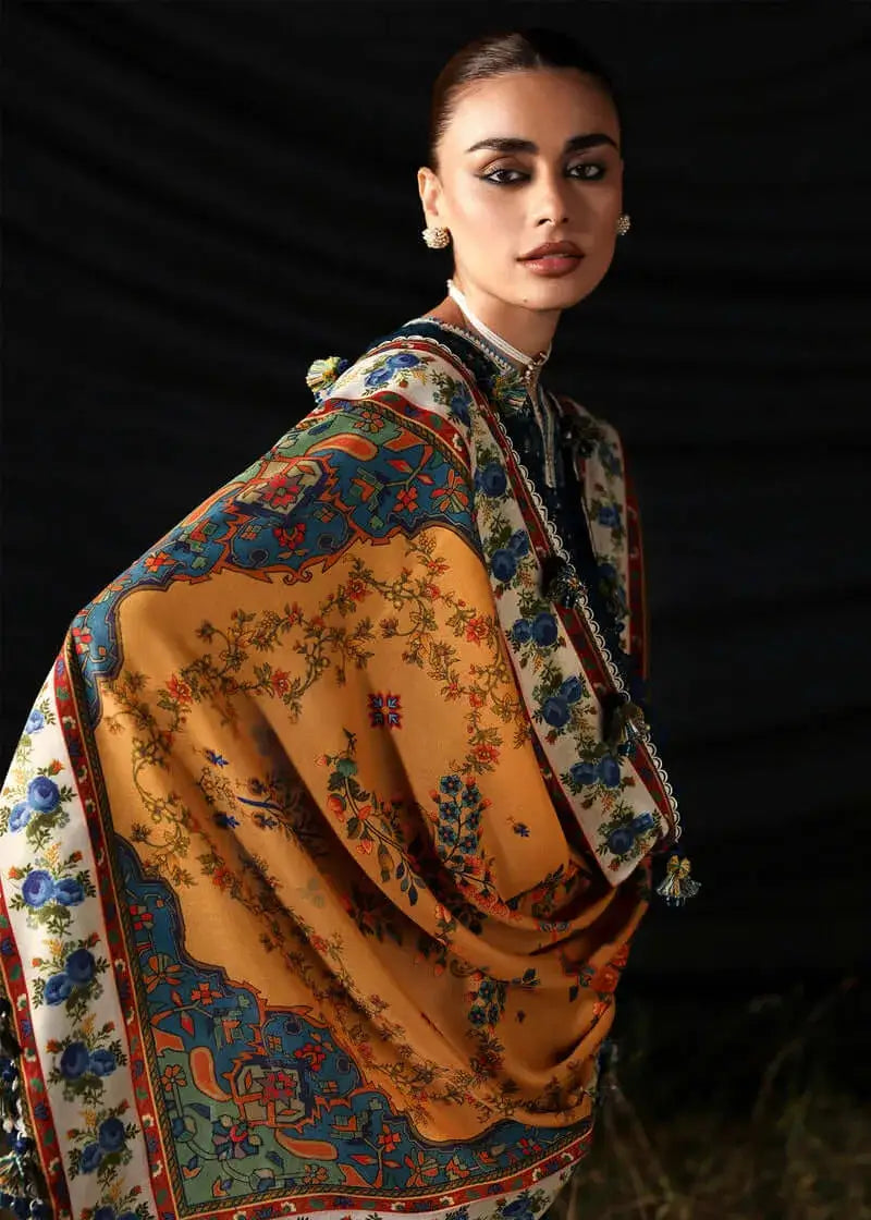 3 Piece Unstitched Heavy Embroidered Dhanak Suit with Printed Woolen Shawl