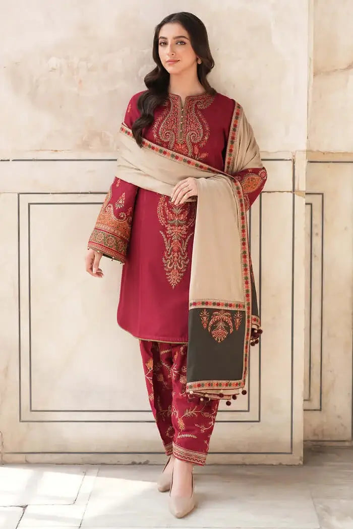 3 Piece Unstitched Heavy Embroidered Dhanak Suit with Printed Woolen Shawl