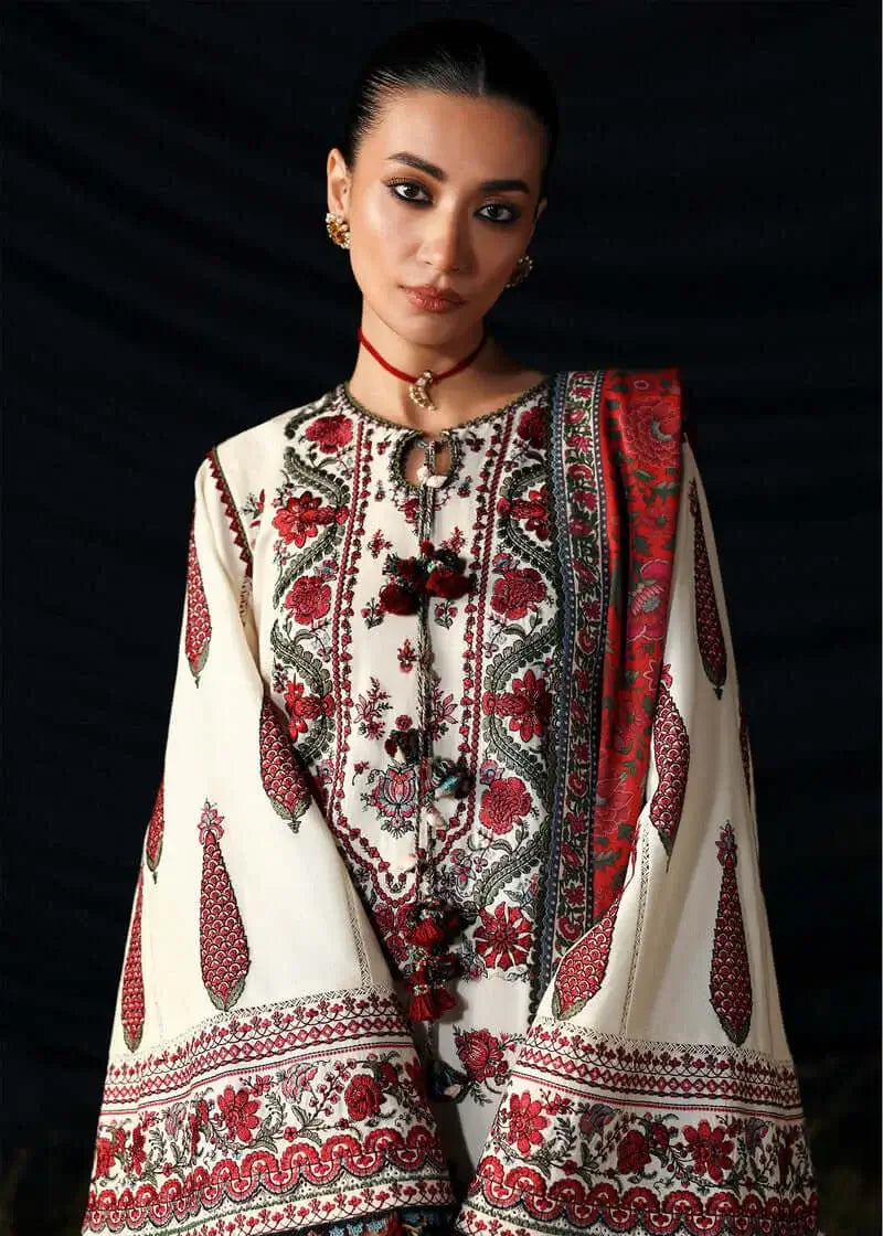 3 Piece Unstitched Heavy Embroidered Dhanak Suit with Printed Woolen Shawl