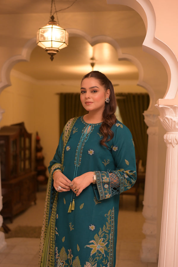 3 Piece Unstitched Heavy Embroidered Dhanak Suit with Printed Woolen Shawl
