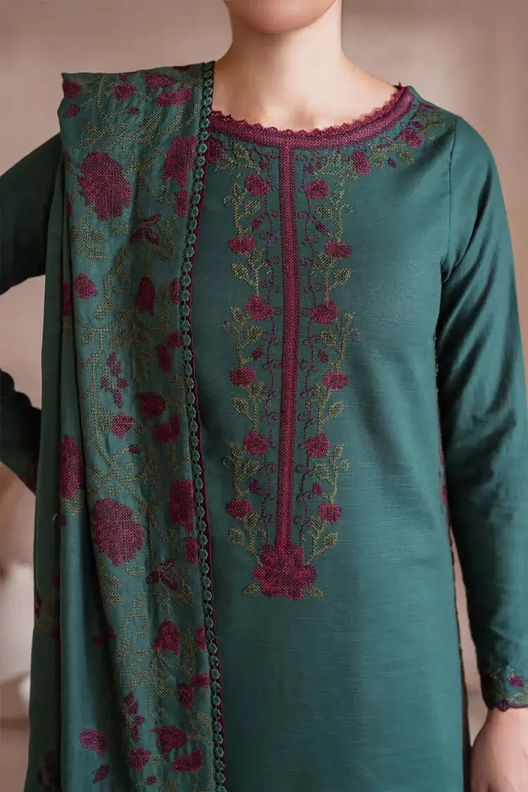 3 Piece Unstitched Heavy Embroidered Dhanak Suit with Heavy Embroidered Dhanak Wool Shawl