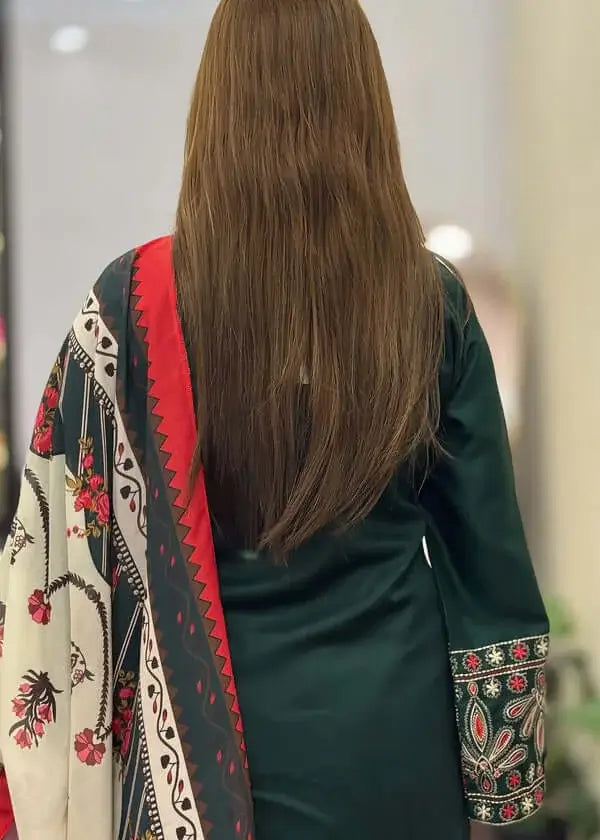 3 Piece Unstitched Heavy Embroidered Dhanak Suit with Printed Woolen Shawl