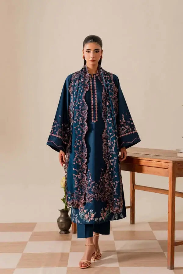 3 Piece Unstitched Heavy Embroidered Chickan Kari Dhanak Suit with Four-sided Ready to Wear Embroidered Dhanak Shawl