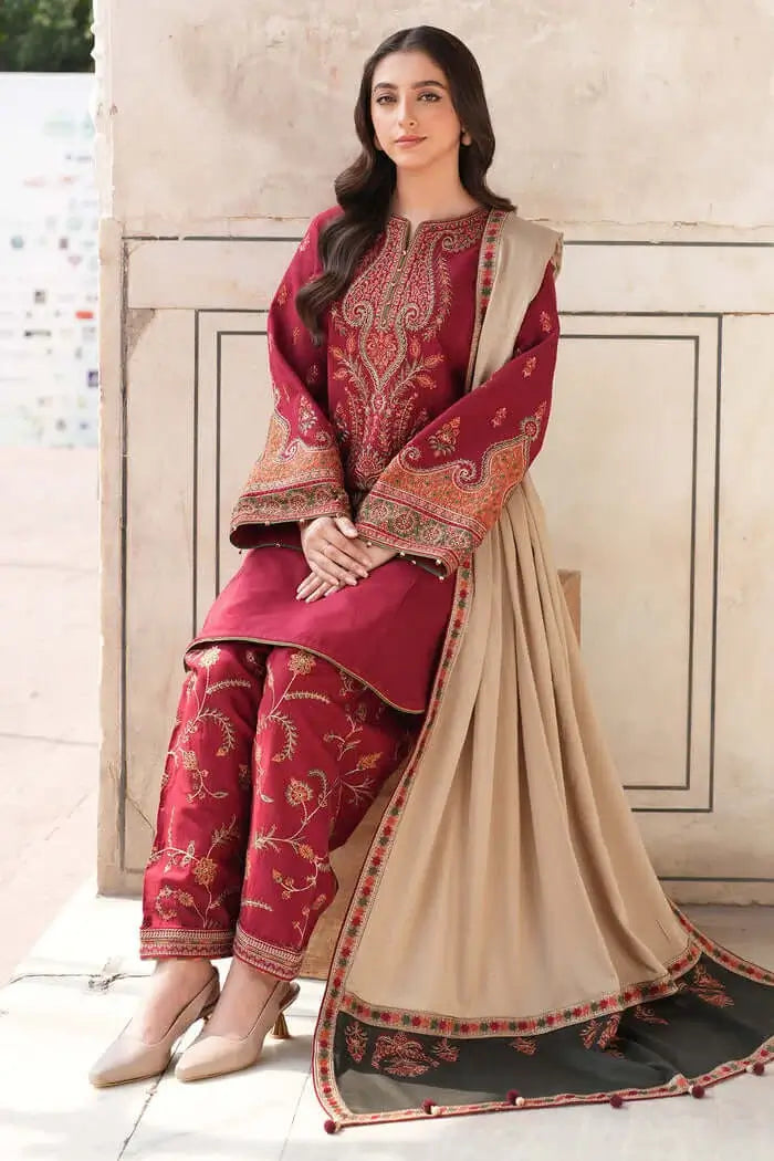 3 Piece Unstitched Heavy Embroidered Dhanak Suit with Printed Woolen Shawl