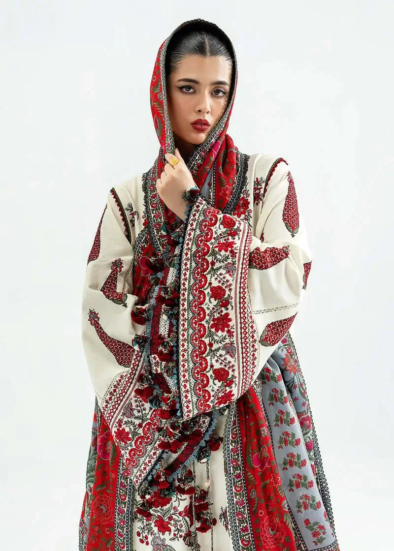 3 Piece Unstitched Heavy Embroidered Dhanak Suit with Printed Woolen Shawl