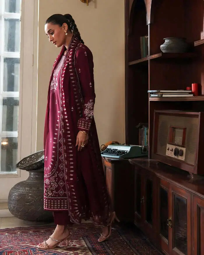 3 Piece Unstitched Heavy Embroidered Dhanak Suit with Four-sided Embroidered Dhanak Wool Shawl