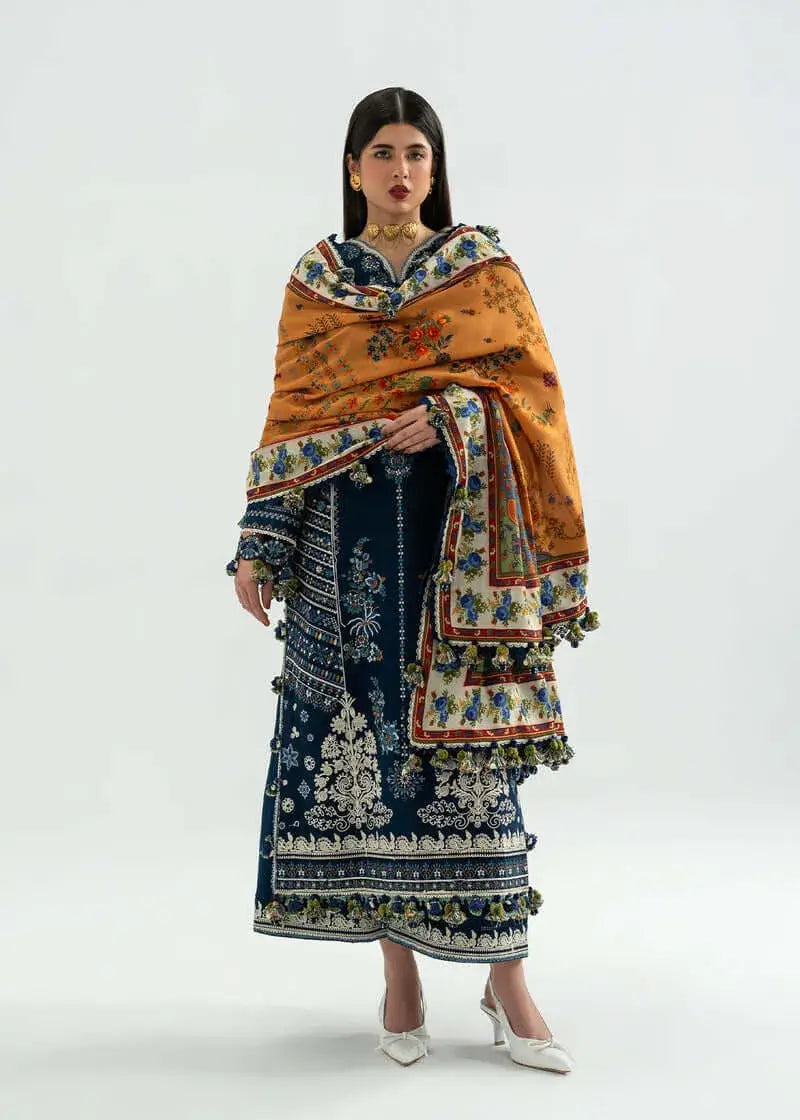 3 Piece Unstitched Heavy Embroidered Dhanak Suit with Printed Woolen Shawl