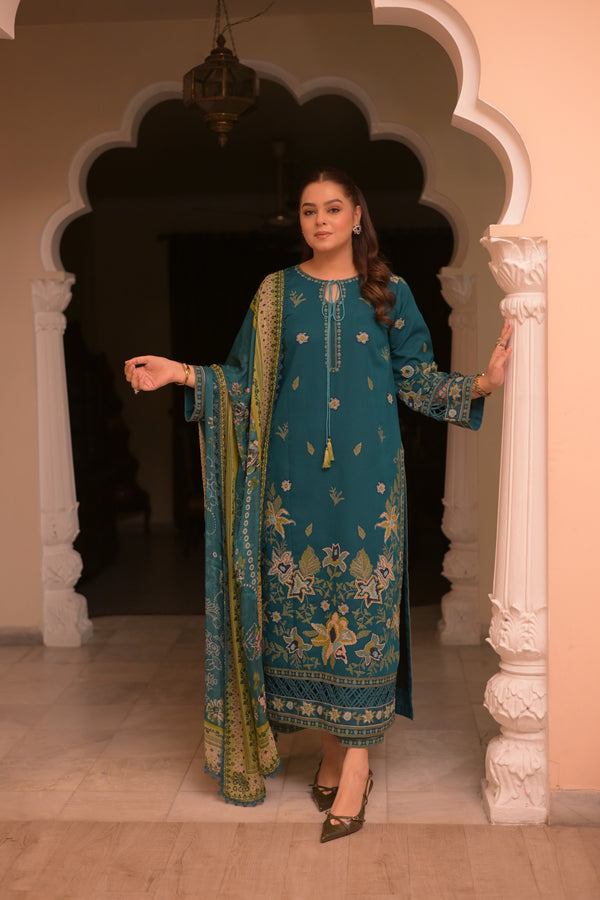 3 Piece Unstitched Heavy Embroidered Dhanak Suit with Printed Woolen Shawl