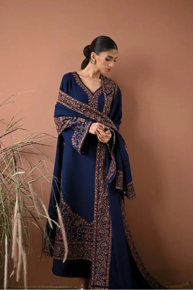3 Piece Unstitched Heavy Embroidered Dhanak Suit with Four-sided Embroidered Dhanak Wool Shawl