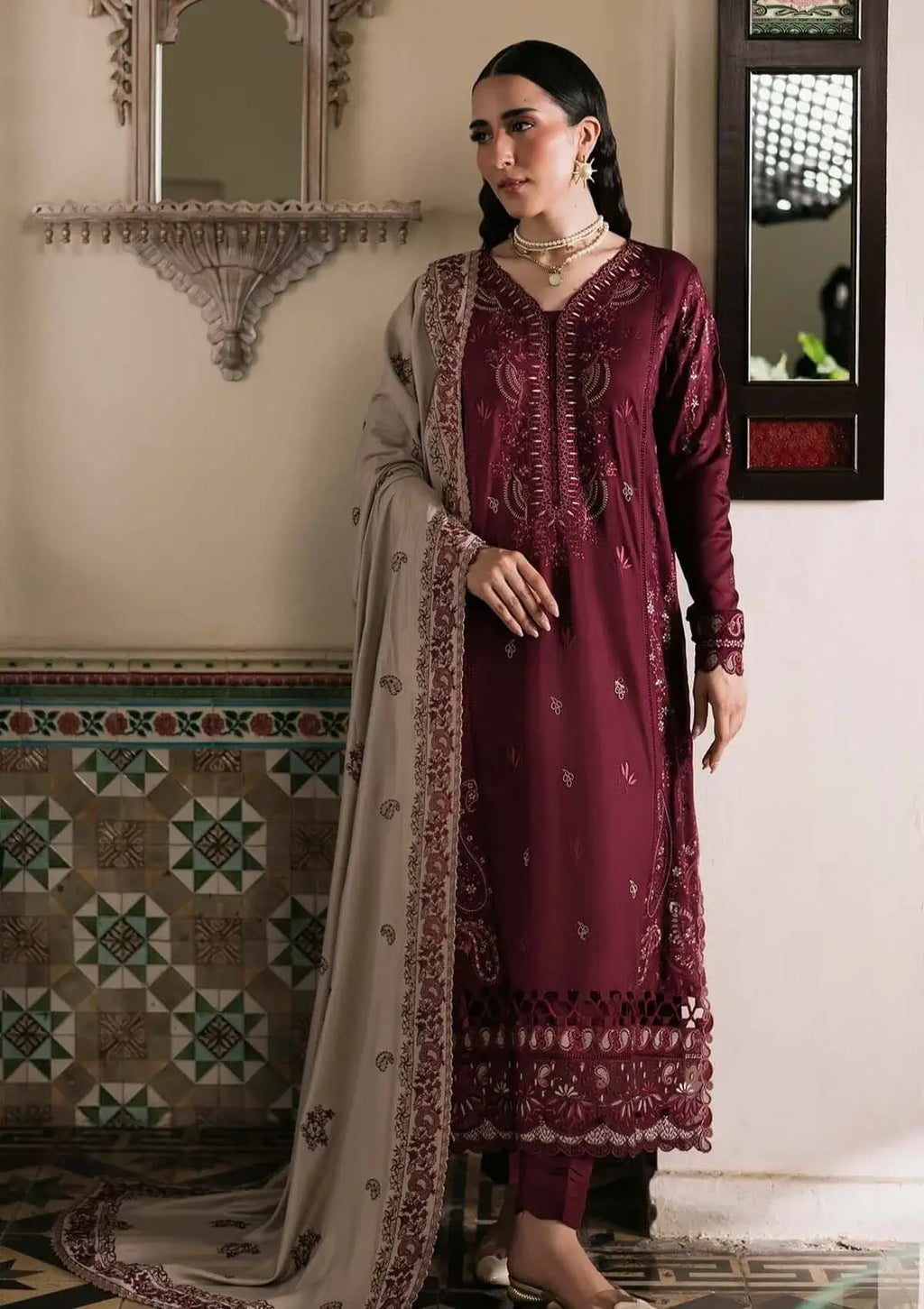 3 Piece Unstitched Heavy Embroidered Dhanak Suit with Four-sided Embroidered Dhanak Wool Shawl