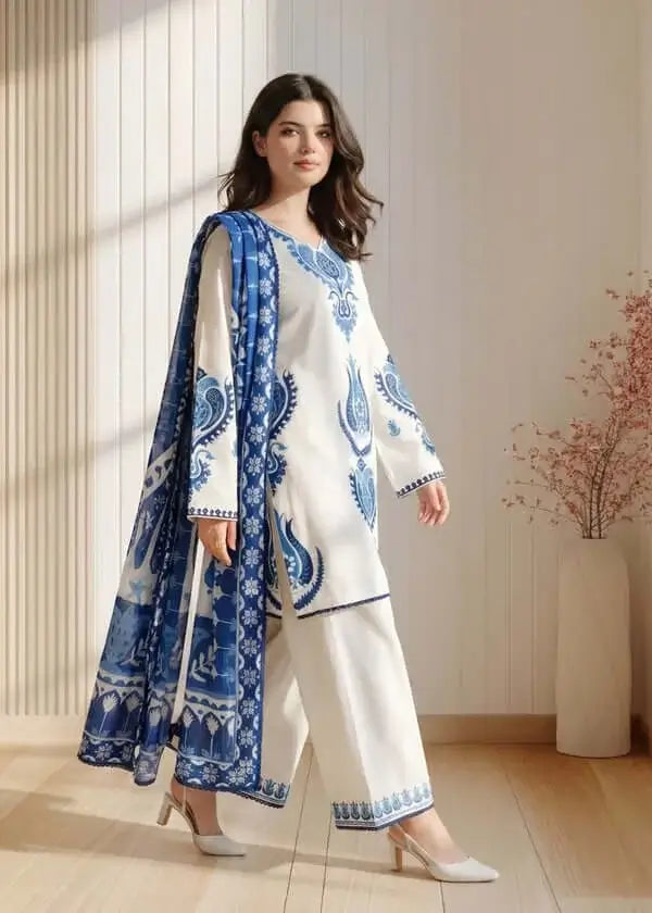 3 Piece Unstitched Heavy Embroidered Dhanak Suit with Printed Woolen Shawl