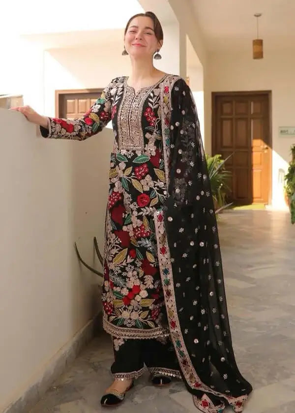 3 Piece Unstitched Heavy Embroidered Dhanak Suit with Four-sided Embroidered Chiffon Dupatta