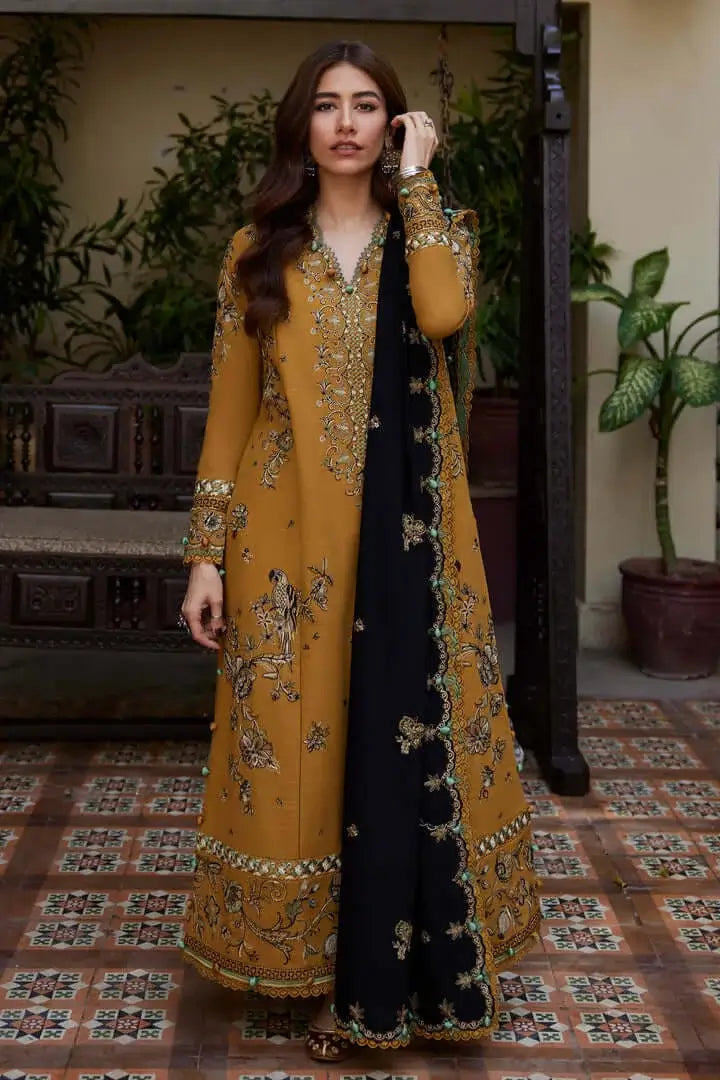 3 Piece Unstitched Heavy Embroidered Dhanak Suit with Four-sided Embroidered Dhanak Wool Shawl