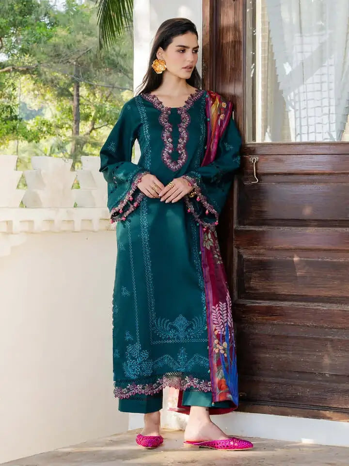 3 Piece Unstitched Heavy Embroidered Dhanak Suit with Printed Woolen Shawl