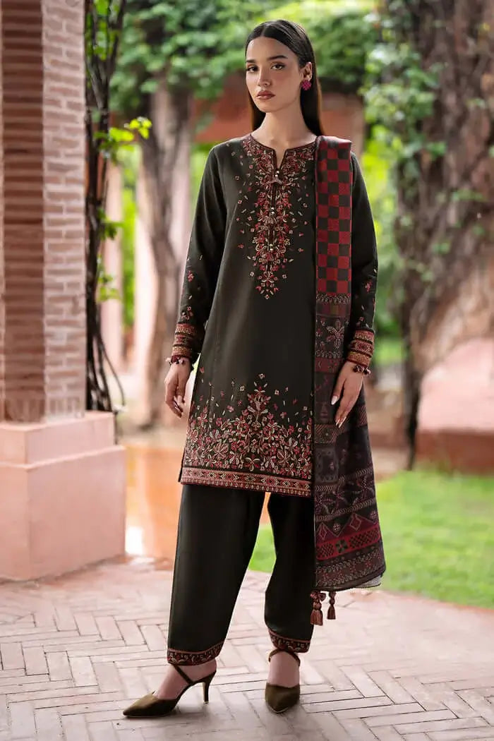 3 Piece Unstitched Heavy Embroidered Dhanak Suit with Printed Woolen Shawl