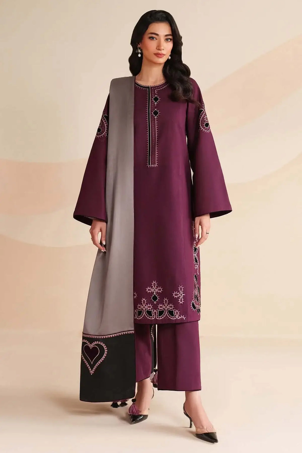 3 Piece Unstitched Heavy Embroidered Dhanak Suit with Heavy Embroidered Dhanak Wool Shawl