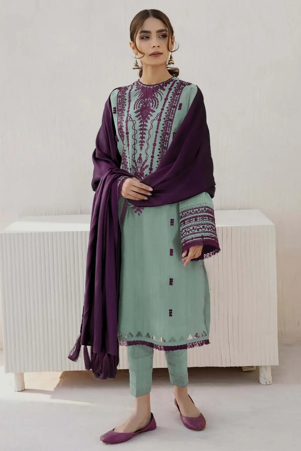 3 Piece Unstitched Heavy Embroidered Dhanak Suit with Plain Dyed Dhanak Shawl