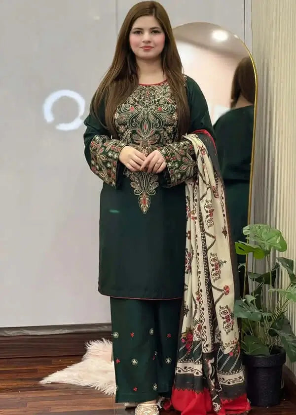 3 Piece Unstitched Heavy Embroidered Dhanak Suit with Printed Woolen Shawl
