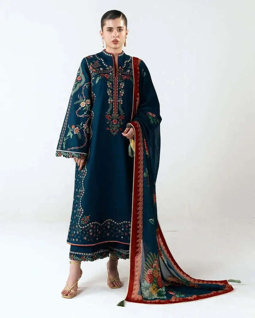 3 Piece Unstitched Heavy Embroidered Dhanak Suit with Printed Woolen Shawl